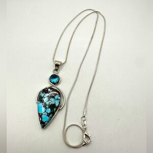 AMAZING Sterling Silver Turquoise and Swiss B. Topaz Pendant, 21" 925 necklace!!